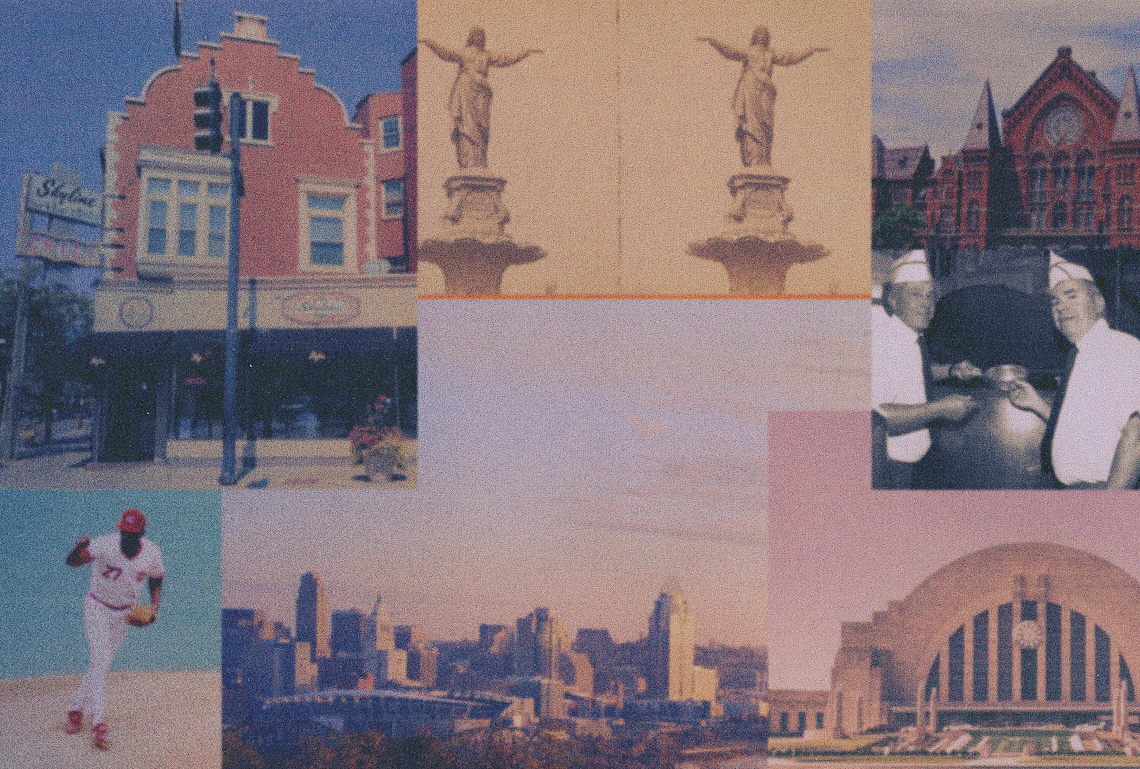 Mosaic of historic cincinnati images, including the fountain at Fountain Square, Music Hall, Union Terminal, the Cincinnati skyline, Cincinnati reds baseball player, and The Lambrinedes brothers at the chili kettle