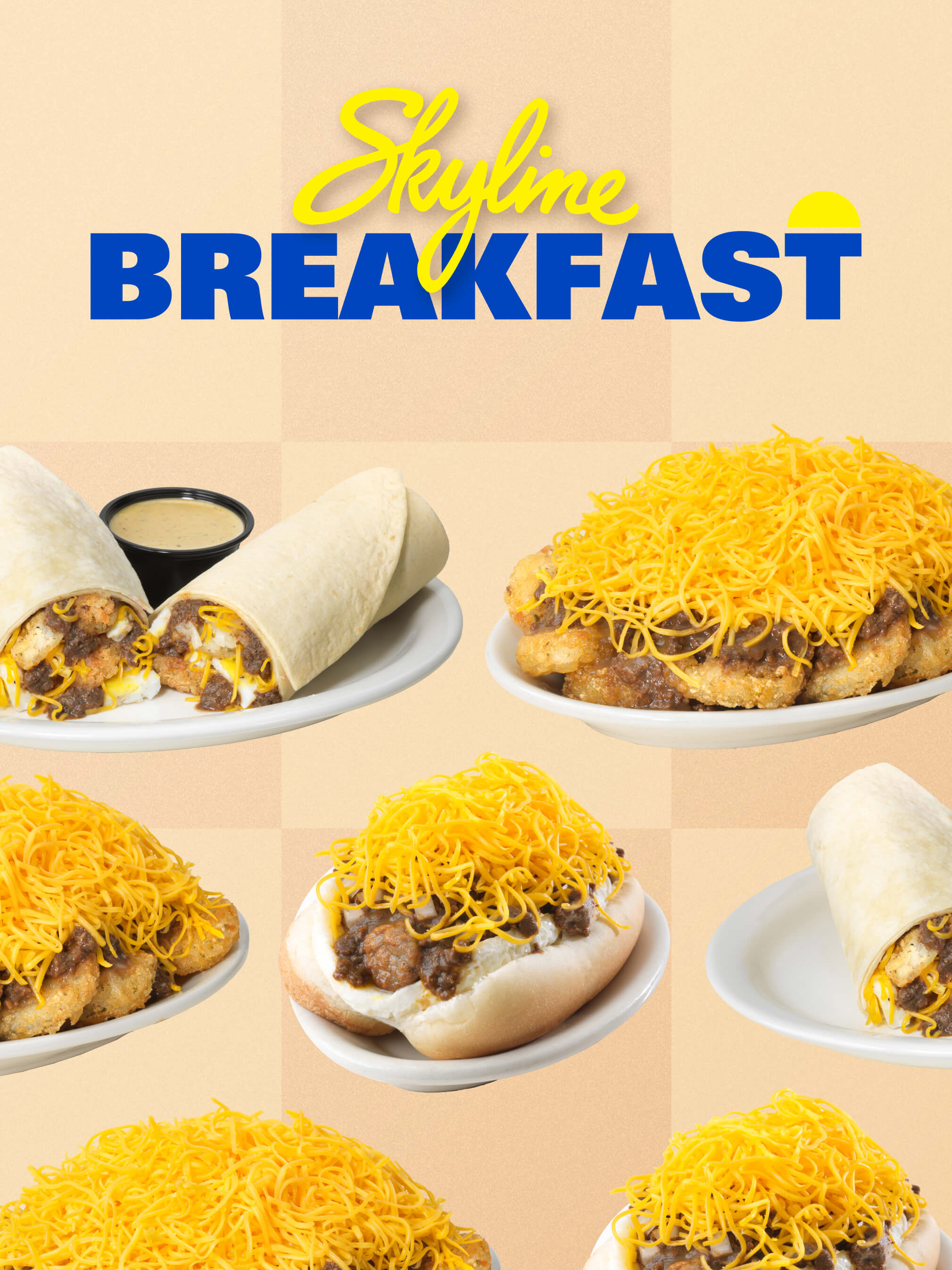 Photos of breakfast burrito, a hash brown way, and a sausage coney.