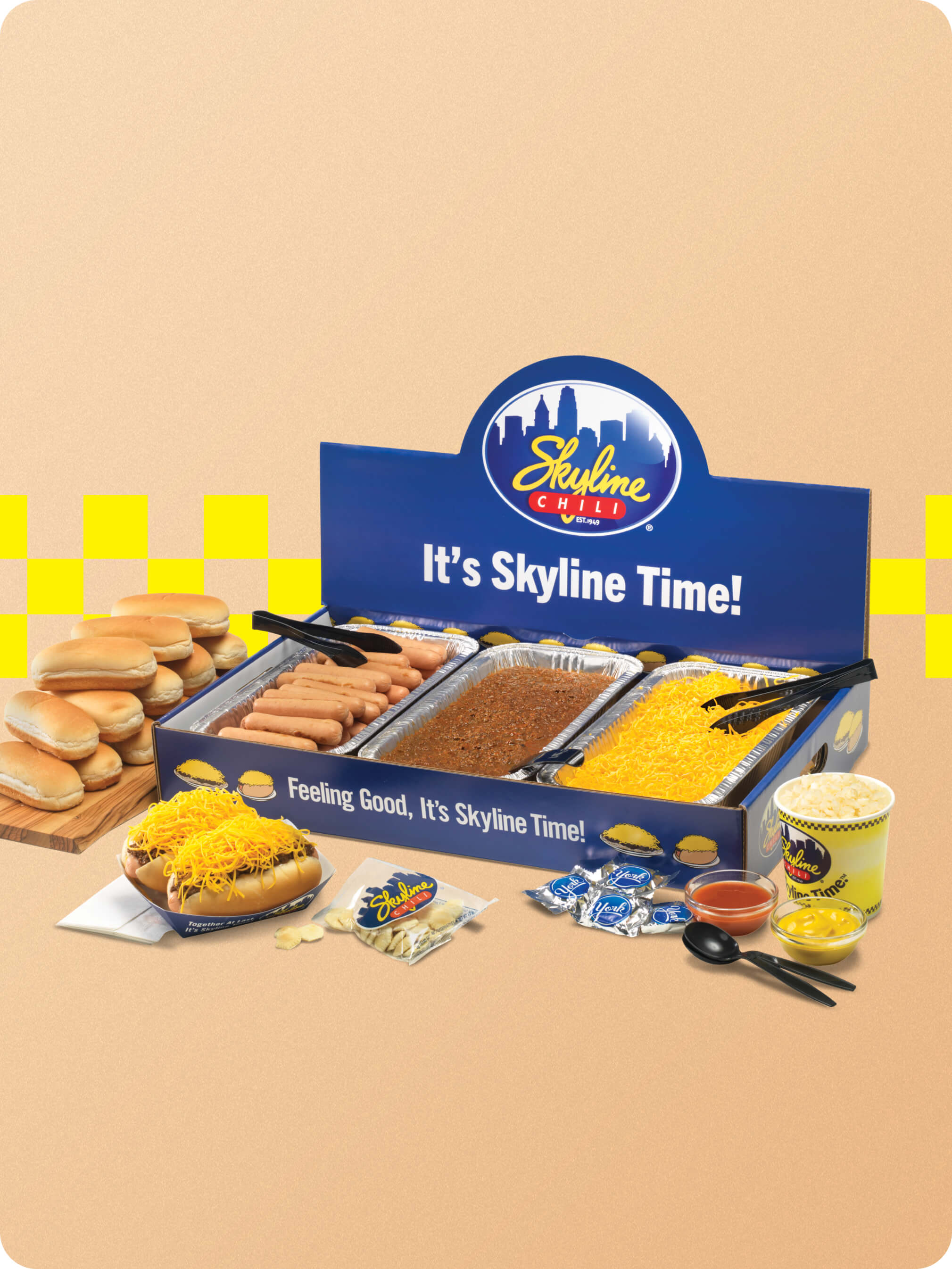 Skyline Coney Kit, featuring a box that holds chili, cheese, hot dogs, buns, crackers, York peppermint patties and condiments
