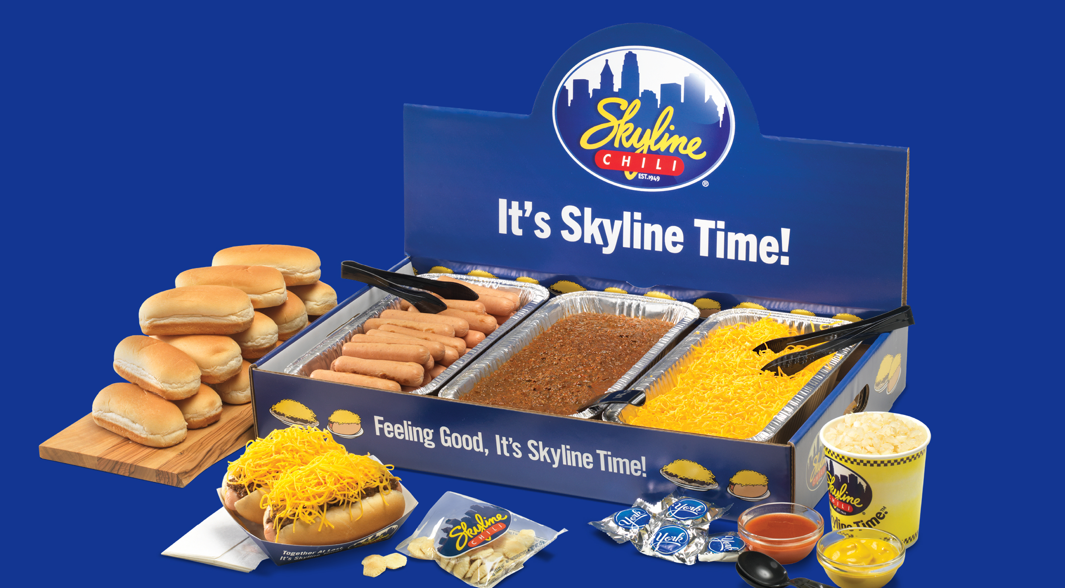 Skyline Coney Kit, featuring a box that holds chili, cheese, hot dogs, buns, crackers, York peppermint patties and condiments