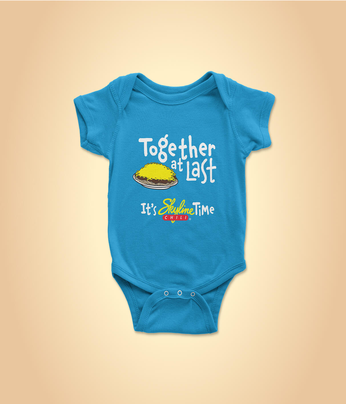Bright blue baby onesie that has a white graphic Together at last it's skyline time and a way image