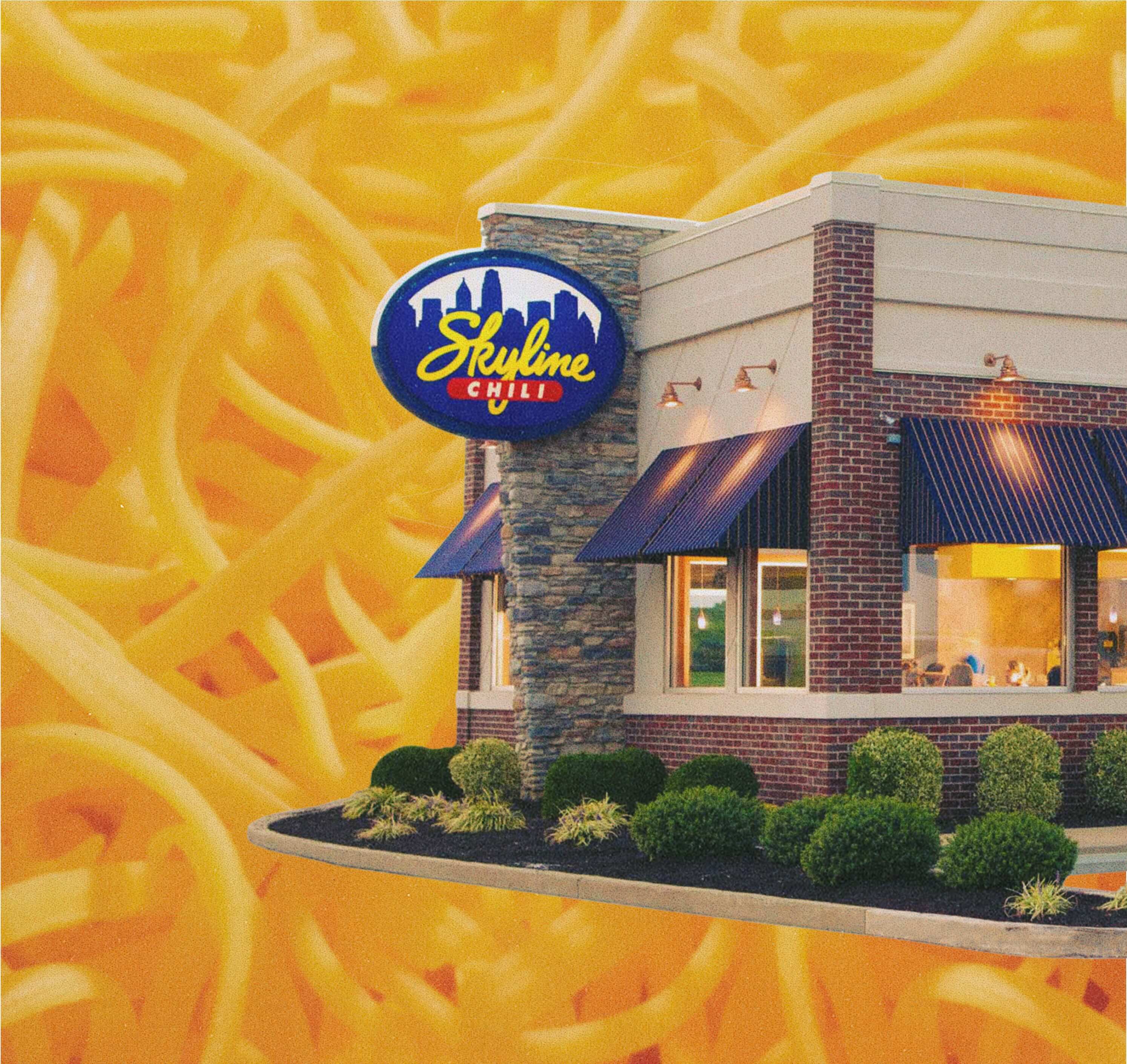 Skyline Chili restaurant on top of a background of shredded cheese