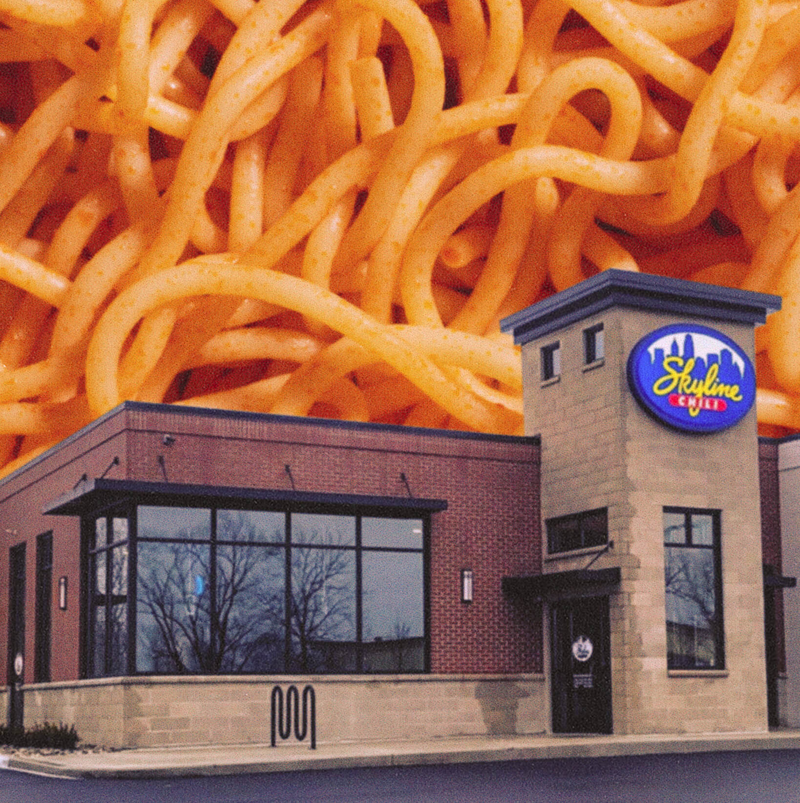 Modern Skyline restaurant with skyline chili noodles behind it