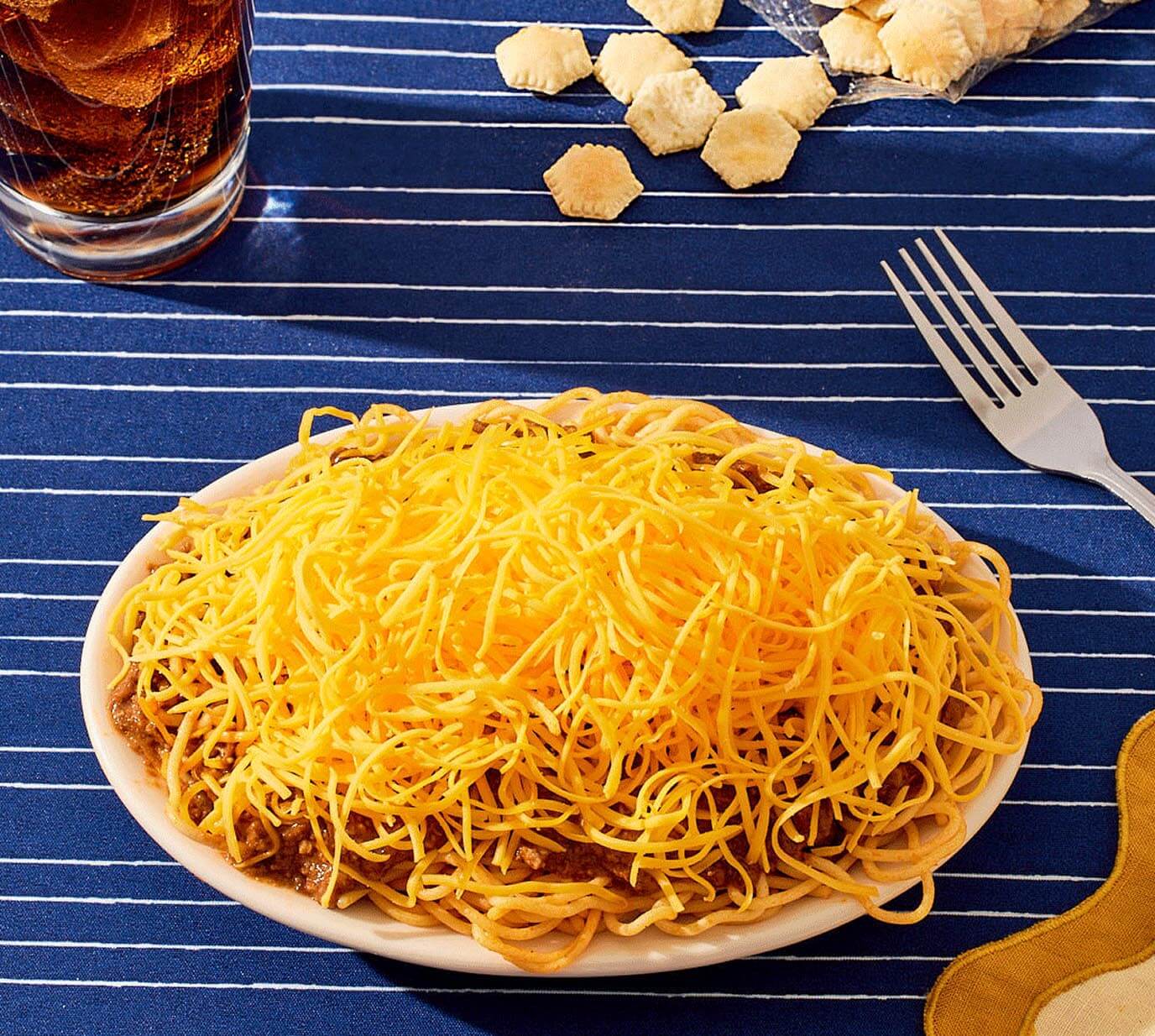 Top down view of skyline way on table cloth