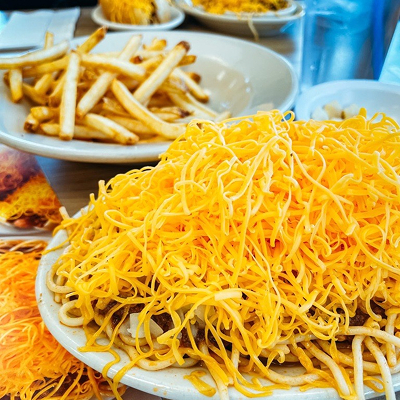 Table with fries and a way on it