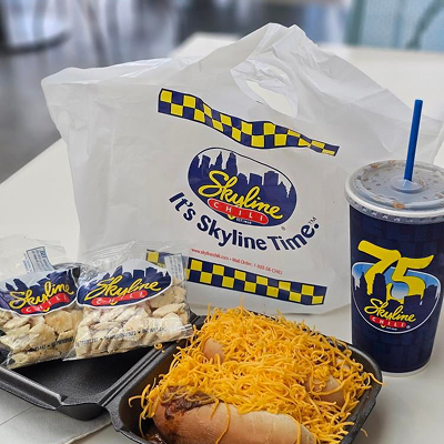 Skyline carry out bag, to-go cup, carryout container with two coneys and two bags of oyster crackers