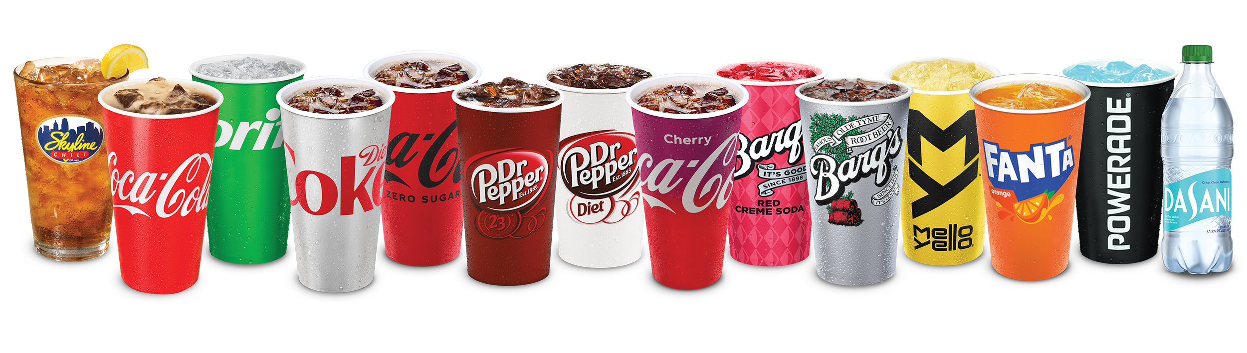 Line up of beverages. Iced tea, coca cola, sprite, diet coke, coca-cola zero sugar, Dr Pepper, Diet Dr Pepper, Cherry Coca Cola, Barq's red cream soda, Barq's root beer, Mello Yello, Fanta, Powerade and Dasani bottled water