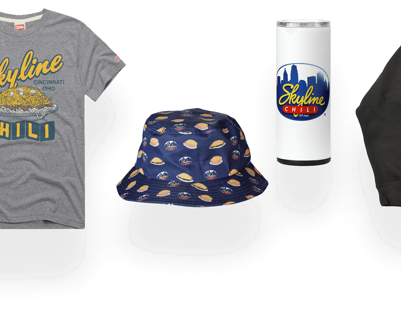 T shirt, bucket hat and mug from skyline merchandise shop