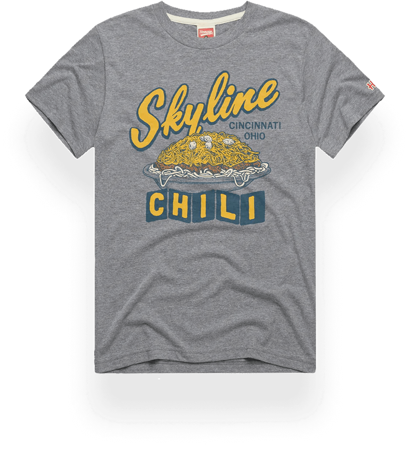 Grey t shirt with Skyline logo, Cincinnati OHIO, chili and a way with oyster crackers illustrated in yellow and blue