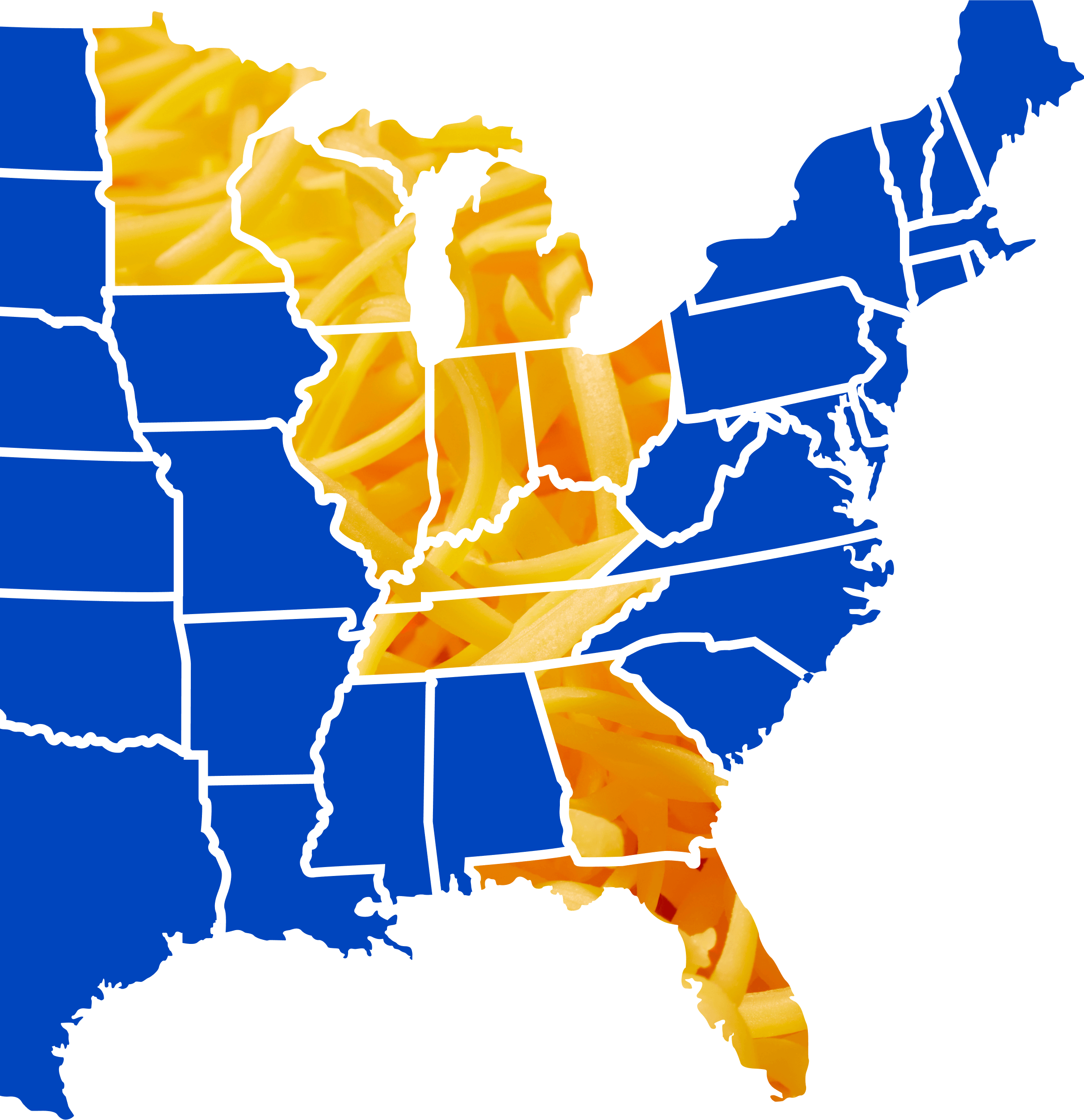 Map showing Wisconsin, Minnesota, Illinois, Michigan, Indiana, Ohio, Kentucky, Tennessee, Georgia and Florida